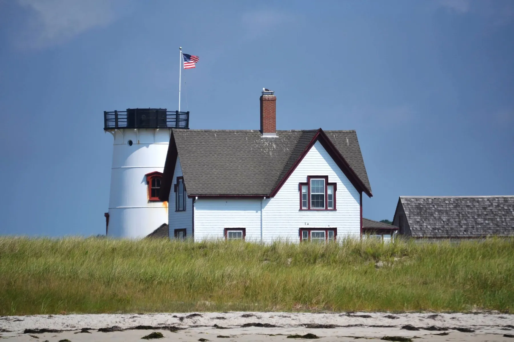 Stage Harbor Light in Chatham, behind dune grass